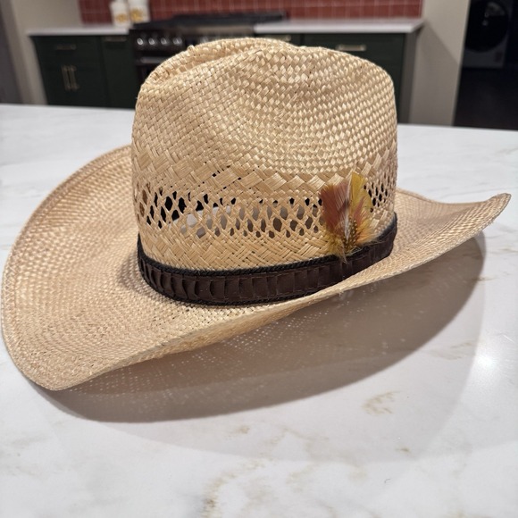 Vintage Stetson Men's Size 7 3/8" Westerner Red Label Straw Cowboy Hat Feather - Picture 1 of 14